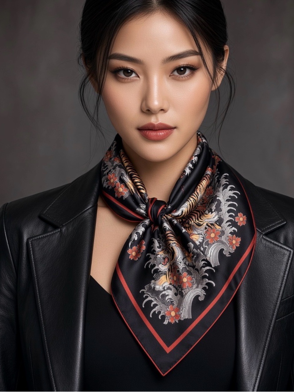 Silk-Feel Black Floral Square Scarf with Red Trim